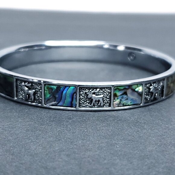 Moose Jewelry Bangle Bracelet Silvertone Abolone Wildlife Animals Deer Elk - Picture 1 of 4